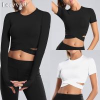 Crop Tops Women Yoga T-shirts Solid Sports Top Long Sleeve Running Shirts Sexy Exposed Navel Quick Dry Fitness Gym Sport Wear