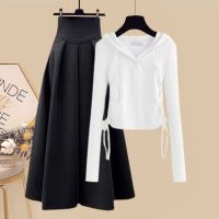 Autumn suit women 2023 new large size womens clothing all-match slim top high waist skirt two-piece trendy