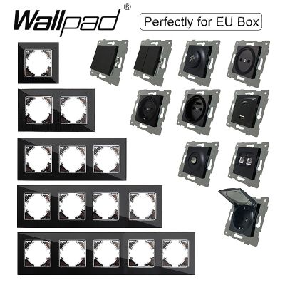 EU DIY Black Crystal Glass Electrical Built-in Sockets and Switch RU FR Push Button Reset Curtain USB Cat6 Wallpad L6 Round Box