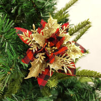 Christmas Decor Glitter Poinsettia เครื่องประดับคริสต์มาสต้นคริสต์มาสดอกไม้ตกแต่งด้วยลำต้น DIY Xmas พวงหรีด Holiday Party Decor