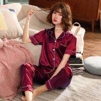 Spring, Summer And Autumn Imitation Silk Women Add Big Extra Size Short Sleeve Trousers Womens Pajamas Home Dress Set