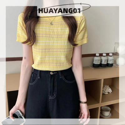 HUAYANG01 [2023 new HOT FASHION] lazlook เสื้อยืดถักแขนสั้นลายทางสำหรับผู้หญิงเสื้อครอปเข้ารูปคอกลมลำลองสำหรับฤดูร้อน