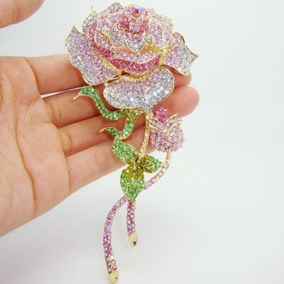 Gold Plated Color Rose Bud Pink Zircon Brooch Fashion Glamour Lady Banquet Wedding Jewel