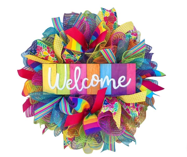 เรนโบว์-welcome-43ซม-ป้าย-ยินดีต้อนรับ-ป้ายยินดีต้อนรับ-พวงหรีด-หรีด-สีรุ้ง-welcome-sign-holy-pride-lgbt-rainbow-wreath-door-hanger-43cm