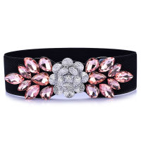 Women Flower Shape Belts Luxury Brand Rose Rhinestone Inlaid Elastic Belt Ladies Dress Waist Down Jacket Decorated