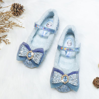 Frozens Annas Elsas แฟชั่นใหม่สำหรับเด็ก,รองเท้าเด็กหญิงบางกำมะหยี่อบอุ่นติดโบว์รองเท้าเจ้าหญิงด้านล่างนุ่มสำหรับฤดูหนาว