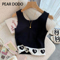 PEAR DODO เสื้อมีสายเอี๊ยมทรงสั้นสำหรับผู้หญิงเสื้อแขนกุดผ้าถักเกาหลี