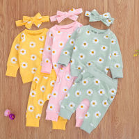 3pcs Breathable Cotton Outfits Baby Boys Girl Clothes Toddler Daisy Print Long Sleeve Sweatshirt+Pants+Headband With Bow Infant  by Hs2023