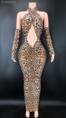 ✖☬✔15smilevonla1976เซ็กซี่ Lantejoulas Leopardo Impressão Bodycon Sem Costas Longo Clube Vestido De Baile Noite Aniversário Boate Roupa Palco ขนาดพิเศษ