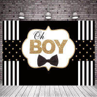 Baby Shower Photography Backdrop Oh Boy Black Bow Tie Gold Glitter Dot Black and White Striped Background Newborn Party Decor