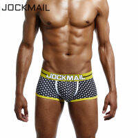 JOCKMAIL กางเกงชั้นในชายระบายอากาศได้,กางเกงในผู้ชายแบบตาข่ายผ้าฝ้ายกระเป๋านูนรูปตัวยูพิมพ์ลายใบไม้ชุดใส่อยู่บ้านกางเกงขาสั้น