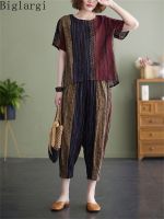 【DT】hot！ Oversized 2 Piece Set New Cotton Woman Loose Striped   Korea Ladies Harem Pants Print