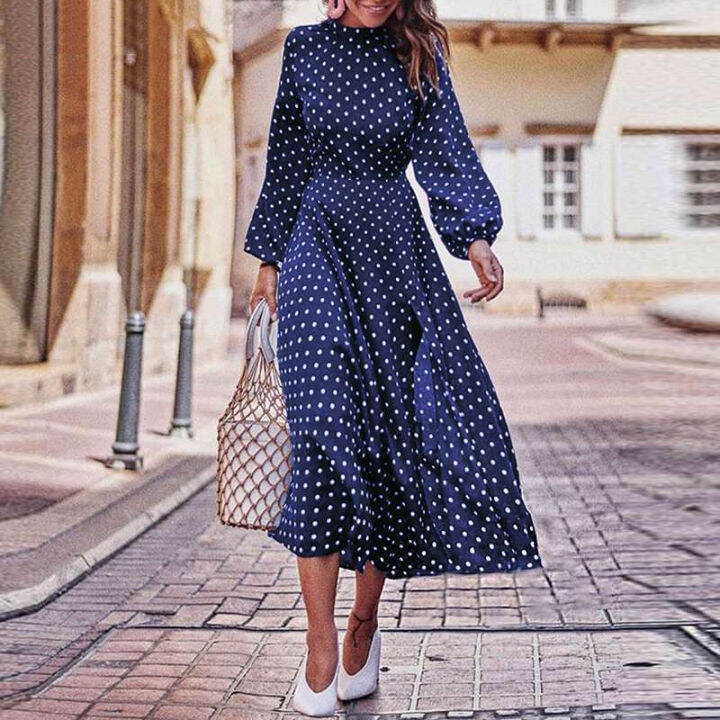 boho-lantern-sleeve-polka-dot-printed-long-dress-women-elegant-vintage-stand-collar-long-sleeves-autumn-dress-plus-size