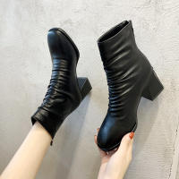 ใหม่และแฟชั่นผู้หญิง Booties อัศวินรองเท้าหนังนิ่มรองเท้าหัวทรงกลมแบบมีส้นหนารองเท้าส้นสูงรองเท้าบู๊ทสไตล์เรโทรผู้หญิงรองเท้าบูทกำมะหยี่หุ้มข้อเท้า