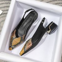 HOT★2022 Spring and Summer New Snakeskin Pattern Stitching Soft Leather Toe Cap Back Empty Sandals Womens Mid-heel Shoes