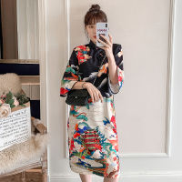 【CW】Chinese Hanfu Women R Dress Cheongsam Girl Japanese Harajuku Style Vintage Carp Crane Printed Party Qipao Dress