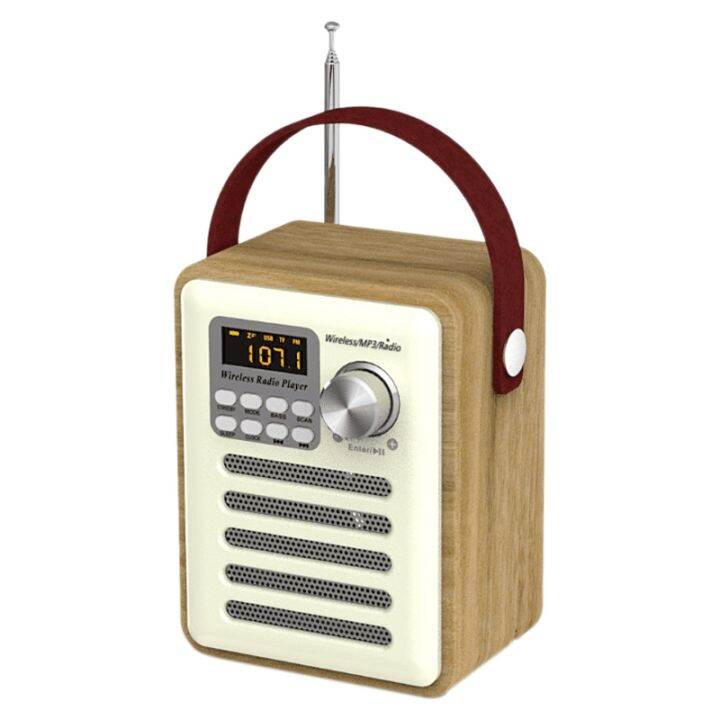 FM Radio Retro Wooden Box Radio with Handle, with Bluetooth Speaker