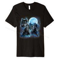 เสื้อยืดผู้ชายพิมพ์สี Three wolves Howling and Moon, Wolf T-shirt Fashions S cotton Tees Design