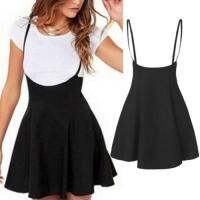 Womens Fashion High Waist Strap Mini Skirt Pleated Skater Overall Flare Suspender Skirt