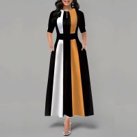 fgjre335 ขายดีที่สุด - / Retro Women Striped Dress Ladies Long Maxi Dress Office Lady 3/4 Sleeve High Waist Long Dress Classic Female Fit And Flare Dress