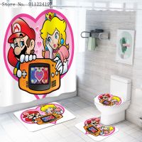 3D Cartoon Game Brothers 4 Pieces Shower Curtains With 12 Hooks Pedestal Rug Lid Toilet Cover Bath Mat Set For Bathroom Decor