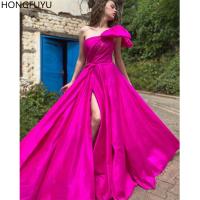 ✿ HONGFUYU One Shoulder Fuchsia Evening Prom Dresses Long Satin Party Dress For Women Formal A-line vestidos de fiesta Side Slit