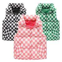 Childrens Autumn Warm Waistcoat Girls Fashion Checkerboard Padded Jacket Boys Casual Stand Collar Down Cotton Vest 2Y-10Y