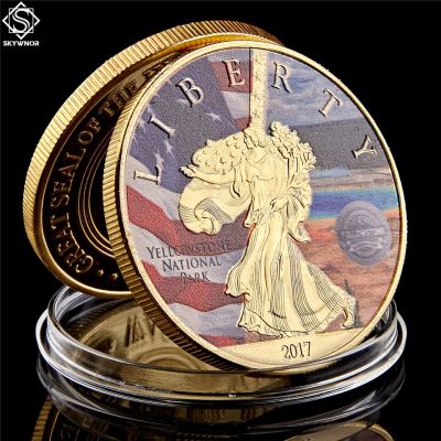 เหรียญโทเค็นค่า2017ชุบทองอเมริกาอุทยานแห่งชาติหินเยลโลว์สโตนจากอนุสาวรีย์เทพีเสรีภาพสหรัฐอเมริกา