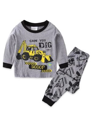 Kids Boys Pajamas Cartoon Excavator Print Round Neck Long Sleeve Top &amp; Pants Set Kids Clothes