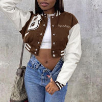 Women Patchwork Crop Jacket Varsity Autumn Winter Casual Oversized Fashion Baseball Coat Y2k Streetwear Short Jacket