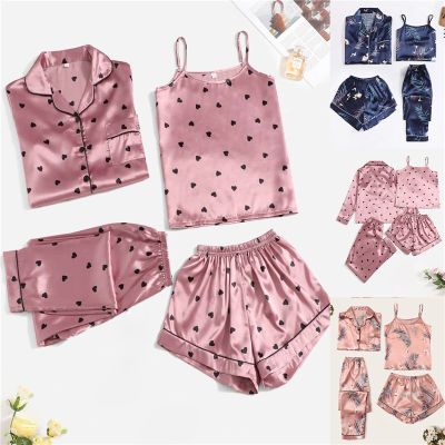 4 Pieces Sleepwear Set Pajama Set For Women Faux Silk Stain Nightwear Fashion Comfortable Sexy Sling Shorts Printed Home Clothes
