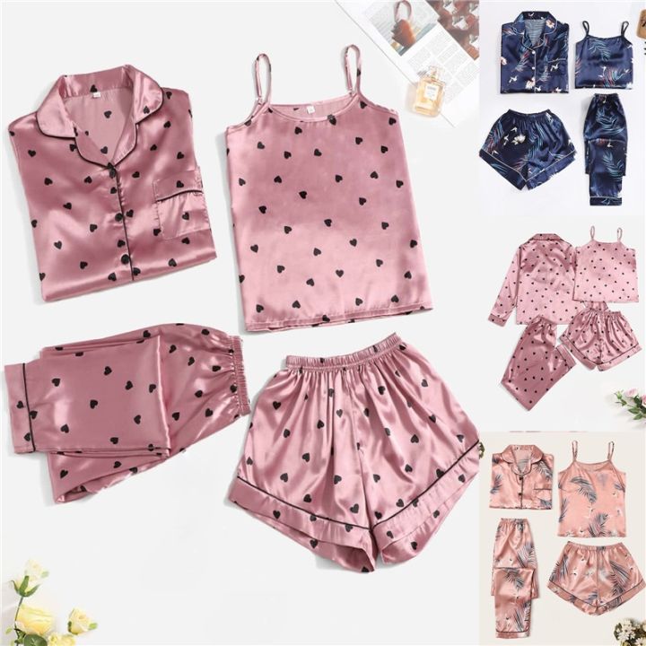 4-pieces-sleepwear-set-pajama-set-for-women-faux-silk-stain-nightwear-fashion-comfortable-sexy-sling-shorts-printed-home-clothes