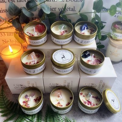 Golden Tin Box Aromatherapy Candles Crystal Salt Stonedried Flower Scented Soy Wax Smokeless Candle Home Decoration