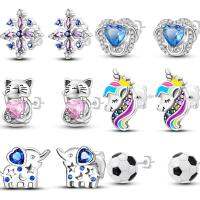 Cute Unicorn Stud Earrings 925 Sterling Silver For Little Girl Crystal Cat Mouse Elephant Heart Star Earring Gift Jewelry