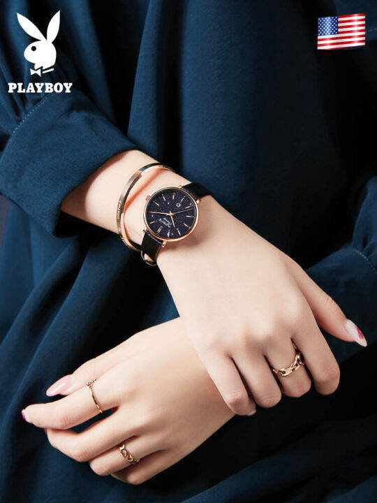 playboy-เซ็ตนาฬิกาสำหรับผู้หญิงซื้อ1แถม2ฟรีสร้อยคอกำไล2023ขายร้อน-classic-star-กันน้ำวันที่แสดง-milanese-สายรัดเหล็ก-หนัง