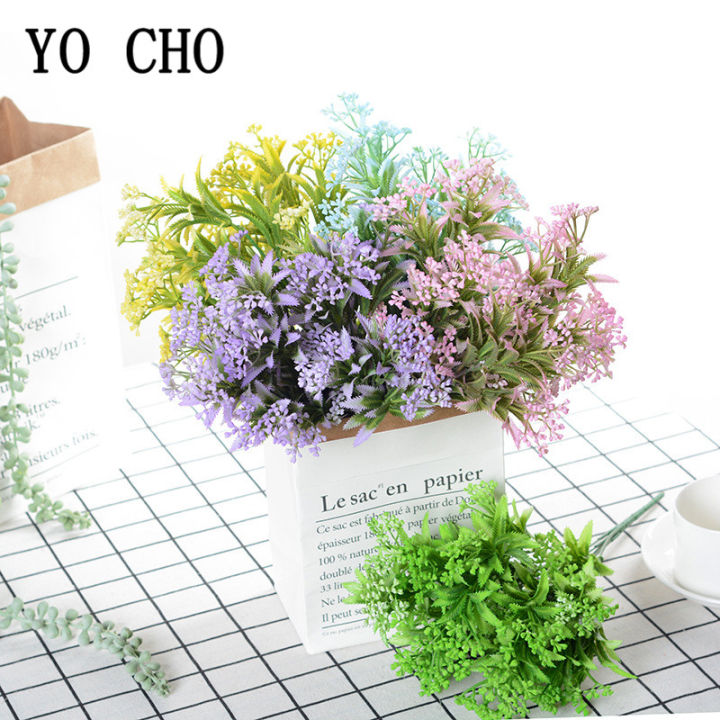 yo-cho-พืชเทียม5ส้อมสีเขียว-milanese-สมุนไพรกิ่งไม้พลาสติกพืชสีม่วงหญ้าปลอมบ้านสวนงานแต่งงานตกแต่งผนัง