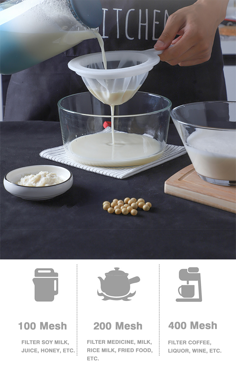 Set of 3-100 + 200 + 400 Mesh Kitchen Ultra-Fine Nylon Mesh Strainer I Plastic Sieve Filter Spoon For Soy Milk Coffee Milk Yogurt Juice Kefir coladores de cocina 
