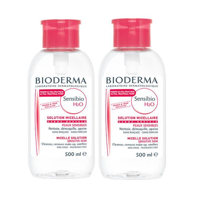 Bioderma Sensibio H2O เช็ดเครื่องสำอาง ไบโอเดอม่า สีชมพู ฝาปั๊ม สำหรับผิวแพ้ง่าย 500 ml 2 ขวด