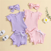 Newborn Baby Girls Summer Clothes Sets Solid Color Ribbed Flying Sleeve Jumpsuit and Casual Ruffle Shorts Headband 3cps Outfits  by Hs2023