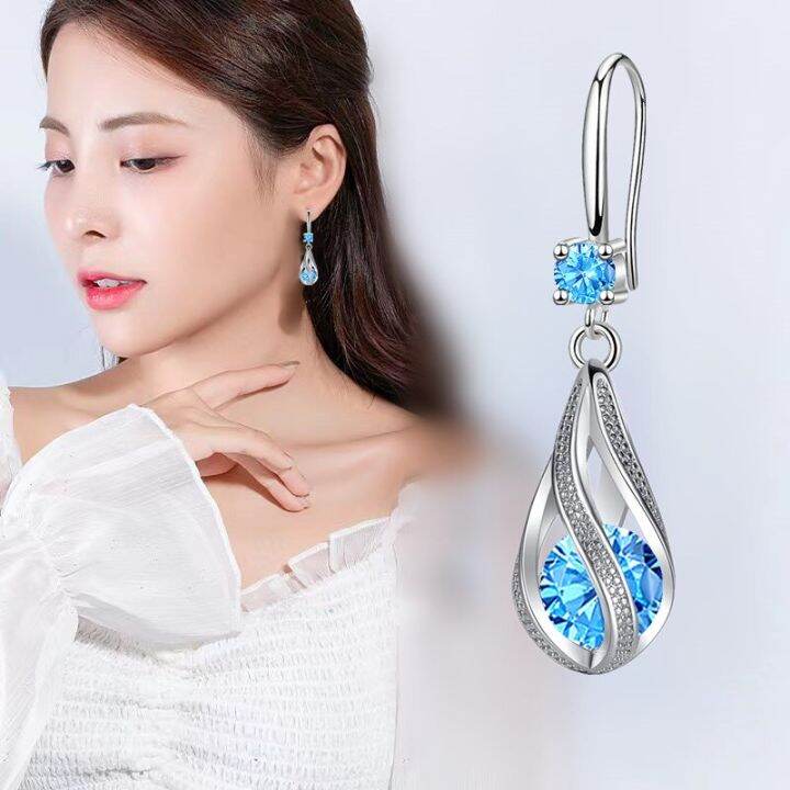 ต่างหูคริสตัลสีฟ้าชั้นดีสีเงินสเตอร์ลิง925แวววาวสำหรับผู้หญิงเครื่องประดับแฟชั่นสุดหรูของขวัญสำหรับงานเลี้ยงงานแต่งงาน