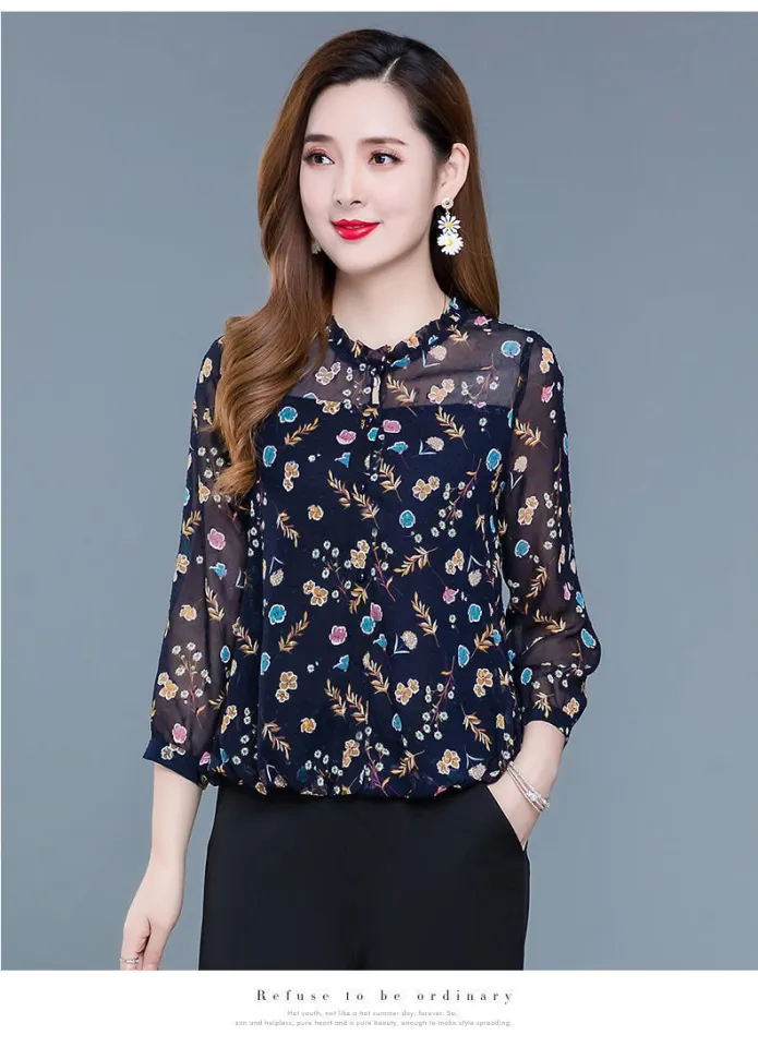 Ladies Chiffon Shirt Floral Print Corset Casual Mid-Long Sleeve O-Neck Top  2022 Spring/Summer Fashion New