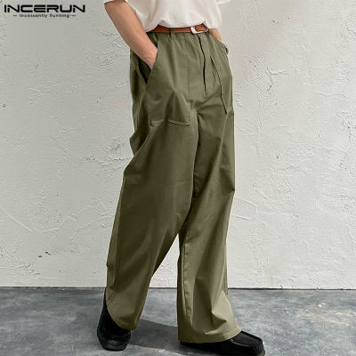INCERUN กางเกงคาร์โก้ลำลองขาตรงสไตล์วินเทจของผู้ชายญี่ปุ่นกางเกงขากว้าง (สไตล์เกาหลี)