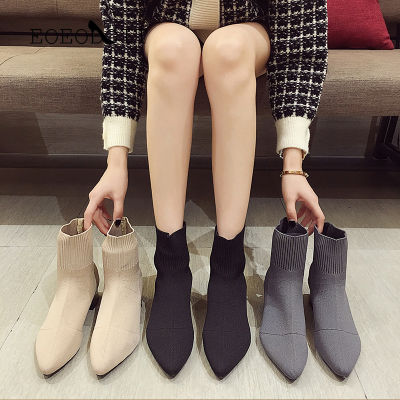 EOEODOIT Women Sock Boots Knit Fabric Med Heel Pointed Toe Pumps Boot Short Ankle Length Female Fashion Stretch Bottine