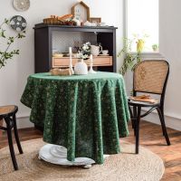 Cotton-Linen Tablecloth Round With Tassel Dinning Table Decoration Party-Coffee Table Cloth Green Printing Christmas Tablecloth