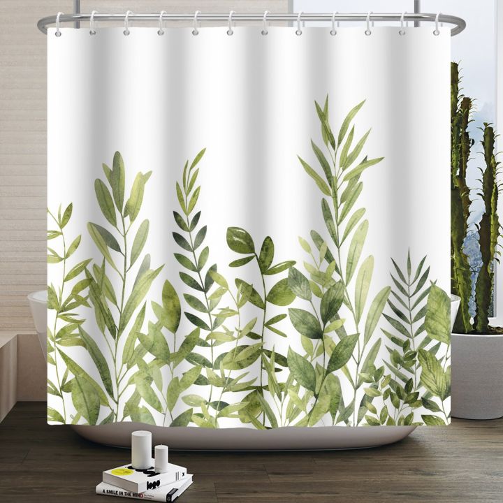 summer-fresh-green-leaves-shower-curtain-for-bathroom-watercolor-plant-leaf-washable-waterproof-fabric-bath-partition-home-decor