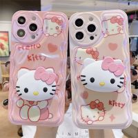 (Bishop Belle)รองรับการกระแทกการ์ตูนน่ารักลดการตกหล่นฮัลโหลคิตตี้สีชมพูพร้อมเคสโทรศัพท์ตั้งได้สำหรับ iPhone X XS XR 11 12 13 Pro MAX Anti-Drop