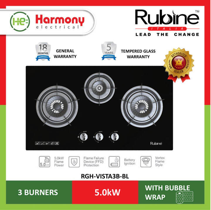 RUBINE RGHVISTA3BBL 3 Burners Tempered Glass Gas Cooker with Flame