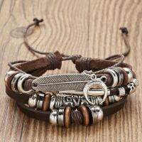 Trendy Leather Bracelets Men Women Vintage Brown Multilayer Braided Rope Bracelets Charm Wrap Wristbands Jewelry Pulsera Hombre Charms and Charm Brace