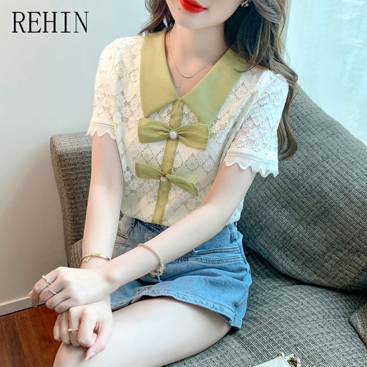 rehin-เสื้อเชิ้ตผู้หญิงเสื้อผู้หญิงแขนสั้นผูกโบว์ผ้าชีฟองลูกไม้แบบช่องรับรู้การออกแบบแฟชั่นใหม่ฤดูร้อน