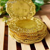 50Pcs/Set 3.5 Inch Hollow Floral Embossed Round Lace Paper Doilies Wedding Party DIY Tableware Metallic Gold Placemat